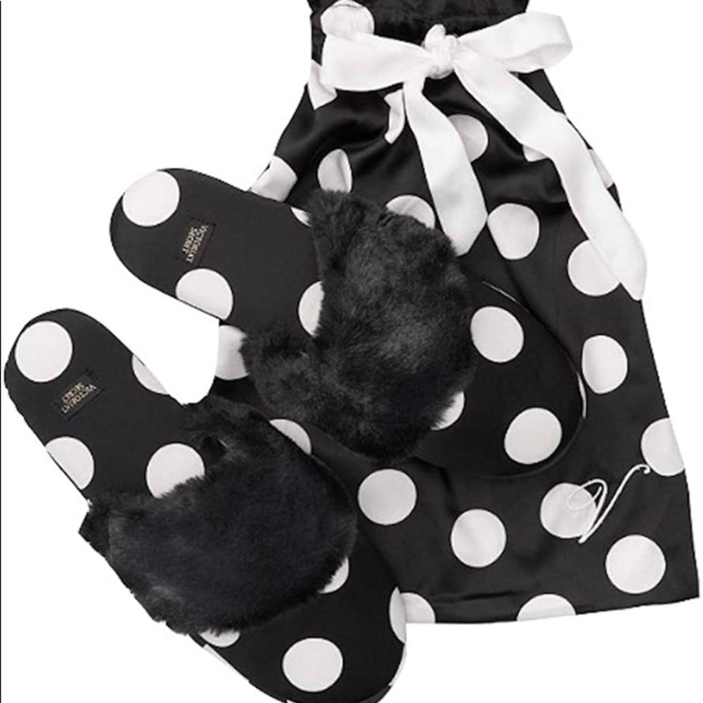 💗VS Signature Satin Slippers PolkaDot w/ Faux Fur